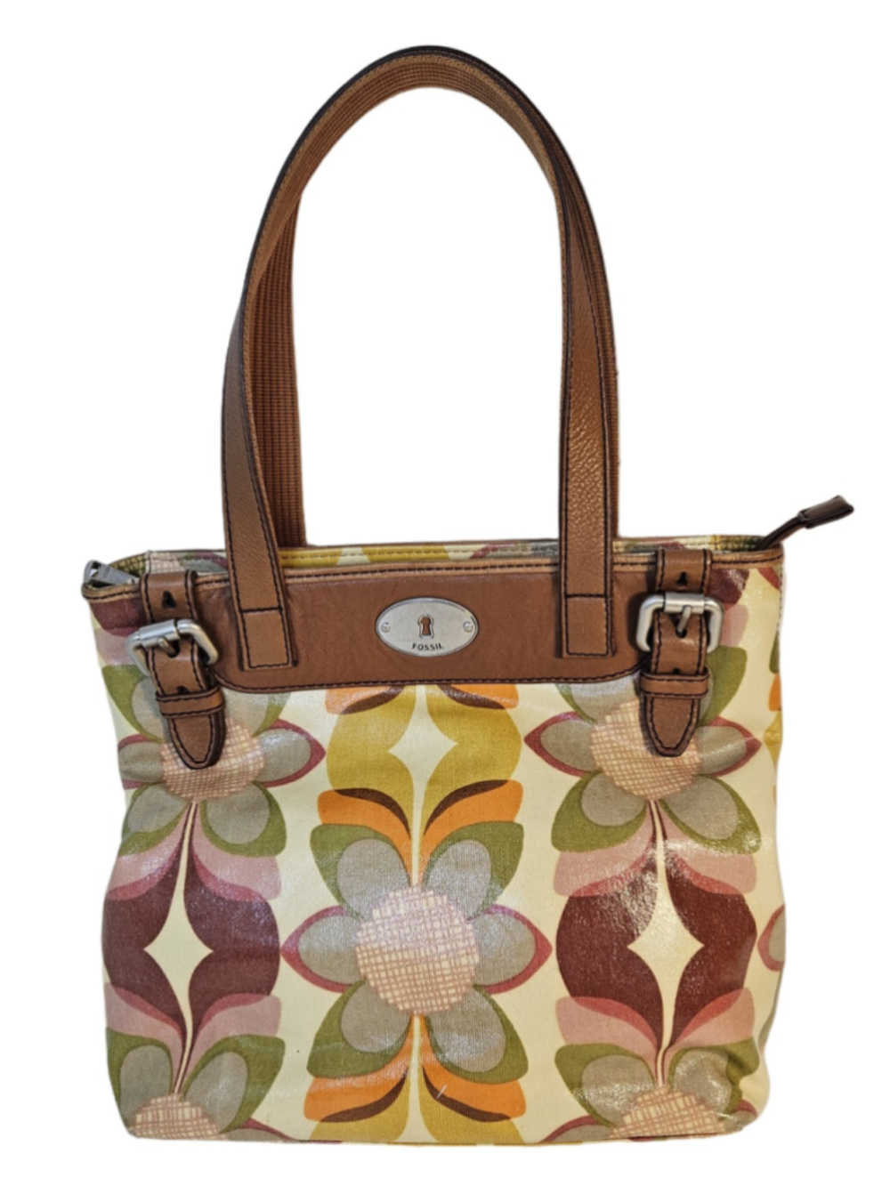 Fossil Key-Per Floral Tote Shopper Bag Beige Brown Retro Groovy Eclectic